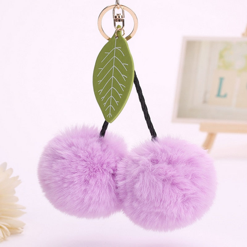 Faux Rabbit Fur Ball Pompom Cherry Keychain