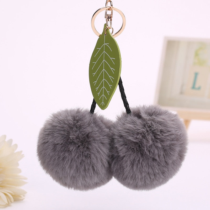 Faux Rabbit Fur Ball Pompom Cherry Keychain