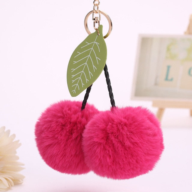 Faux Rabbit Fur Ball Pompom Cherry Keychain