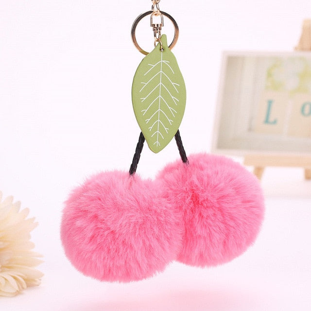 Faux Rabbit Fur Ball Pompom Cherry Keychain