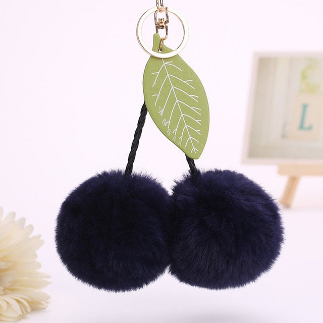 Faux Rabbit Fur Ball Pompom Cherry Keychain