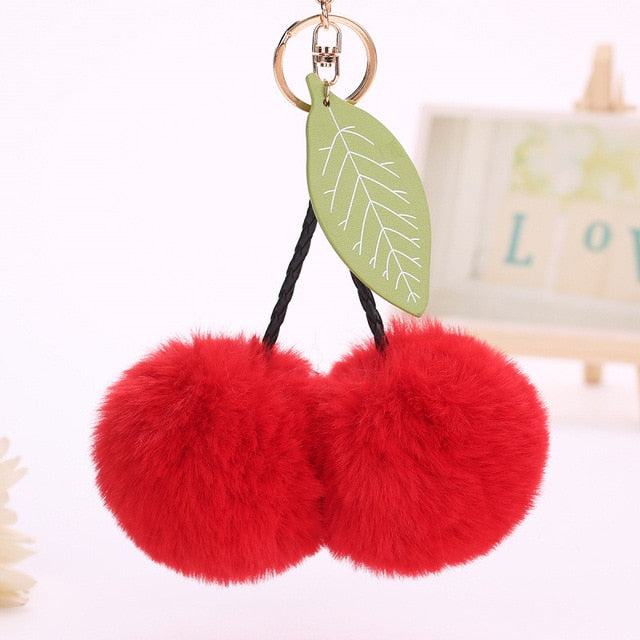 Faux Rabbit Fur Ball Pompom Cherry Keychain