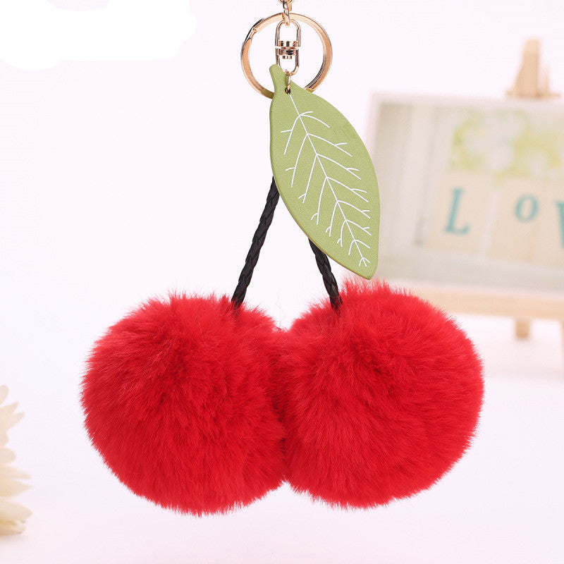 Faux Rabbit Fur Ball Pompom Cherry Keychain