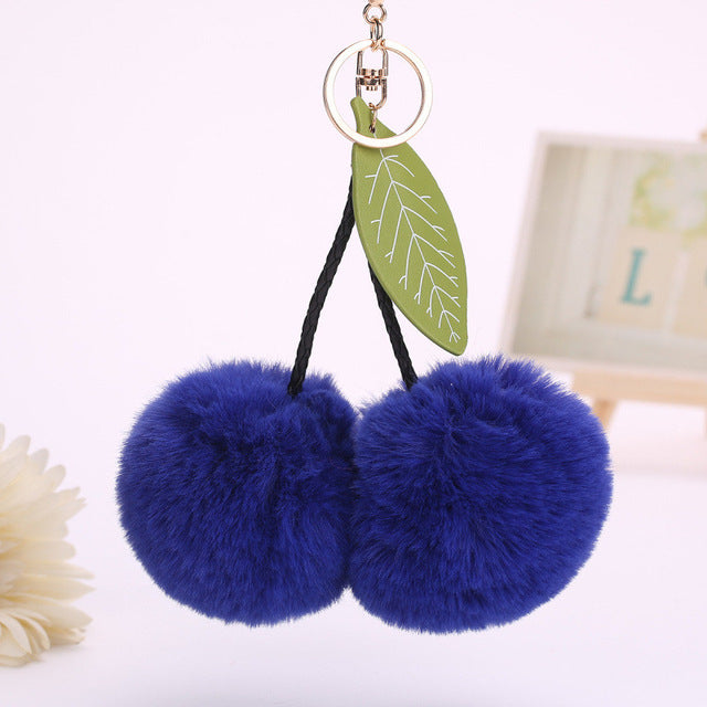 Faux Rabbit Fur Ball Pompom Cherry Keychain