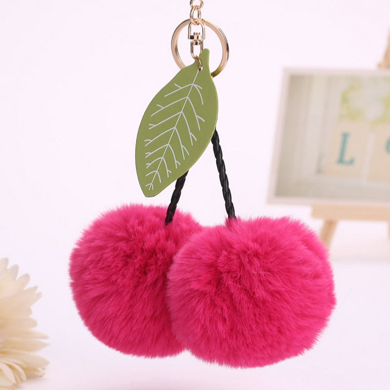 Faux Rabbit Fur Ball Pompom Cherry Keychain
