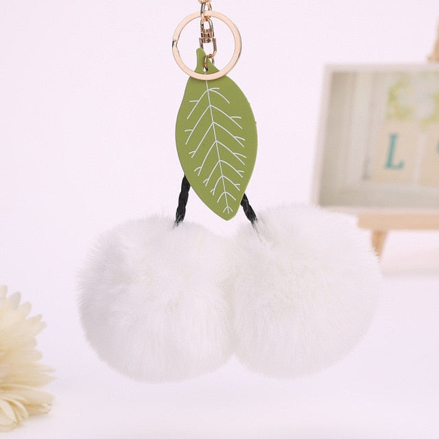 Faux Rabbit Fur Ball Pompom Cherry Keychain