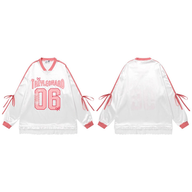 V-Neck Long Sleeve T-Shirt Women Loose Sports Style Sweater Top