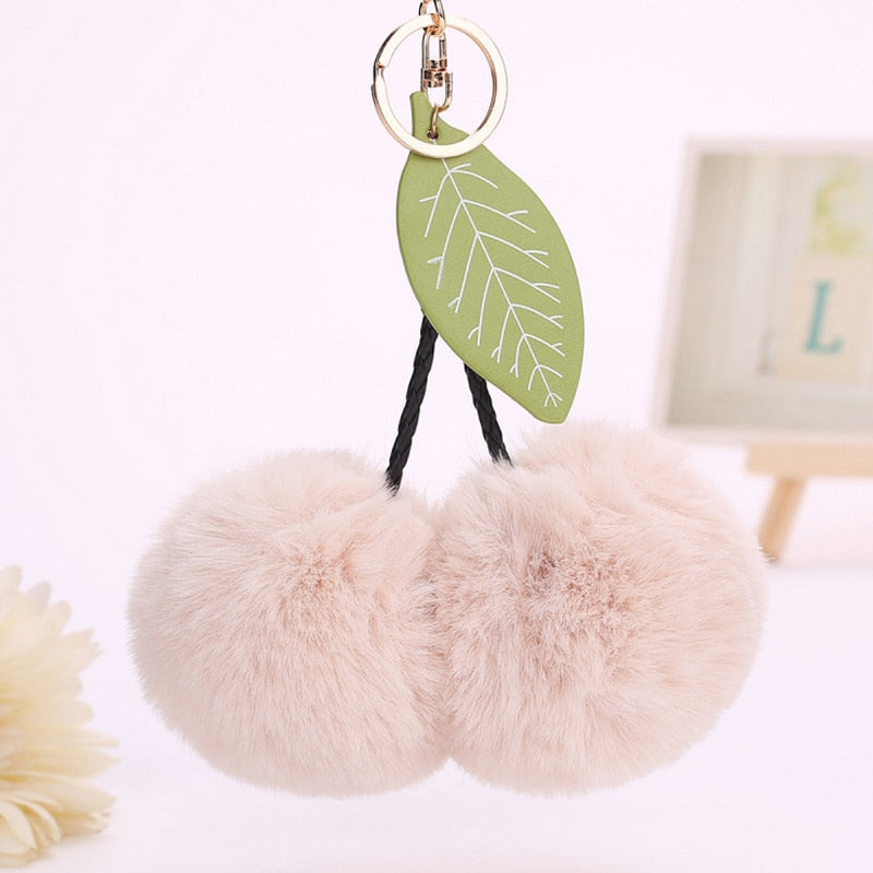 Faux Rabbit Fur Ball Pompom Cherry Keychain