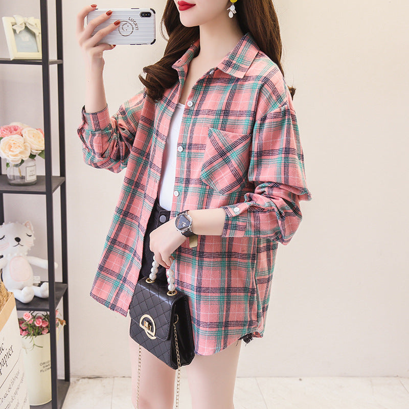 Cotton Plaid Shirt for Women - Loose Long Sleeve
