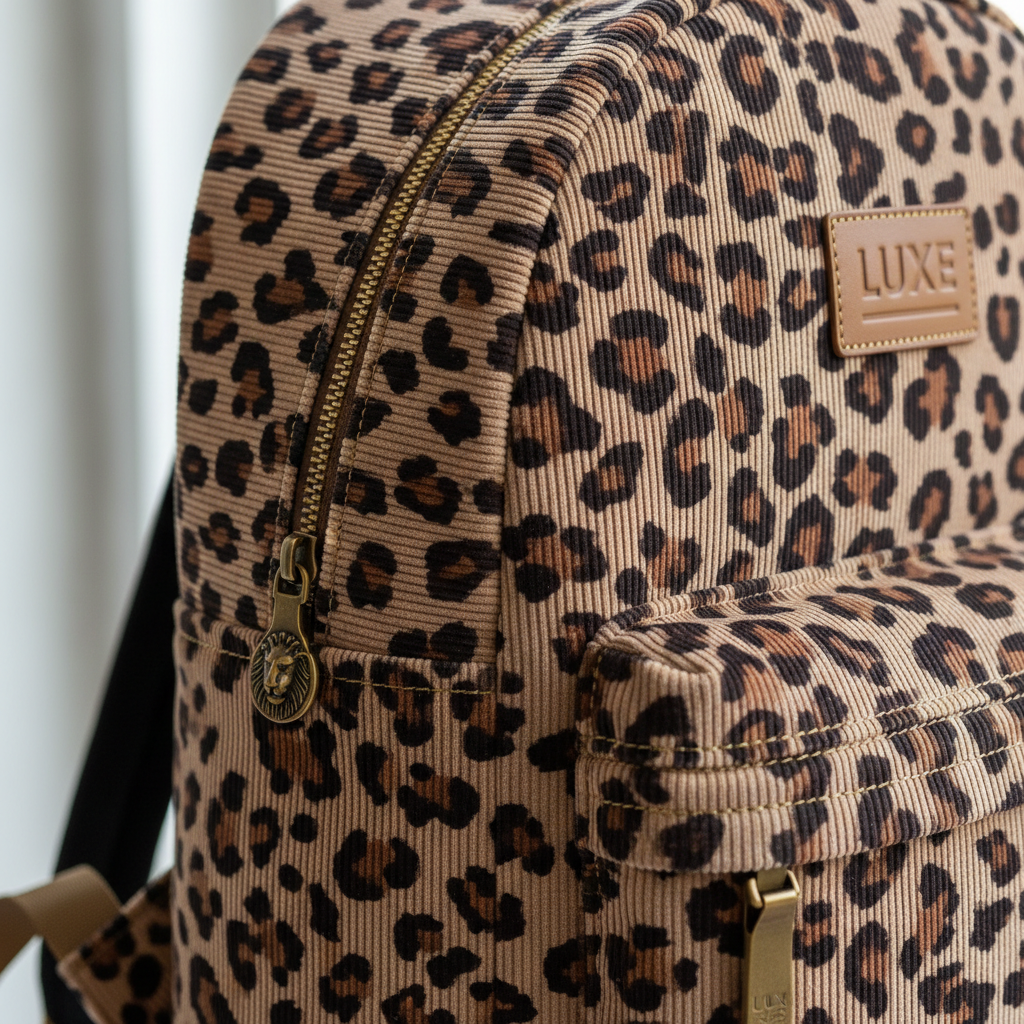 Corduroy Leopard Backpack - Close-up detail of texture, stitching and quality craftsmanship
