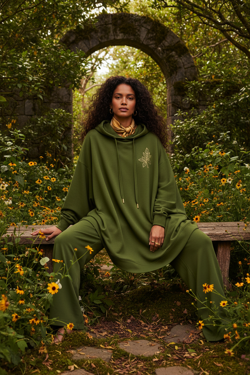 Loose Hoodie Sweatshirt - Editorial styled shot with diverse model in nature-inspired setting