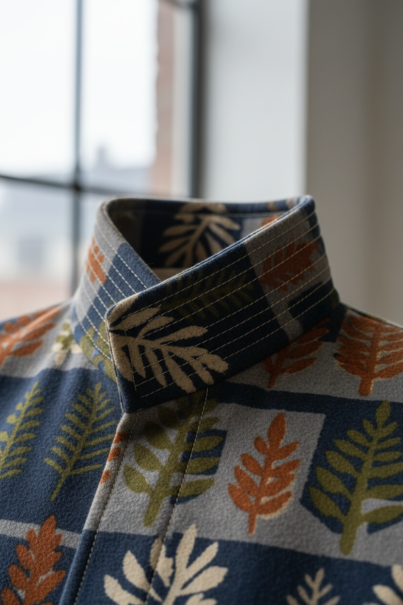 Milk Blue Bread Coat - Close-up detail of print, stitching and stand collar craftsmanship